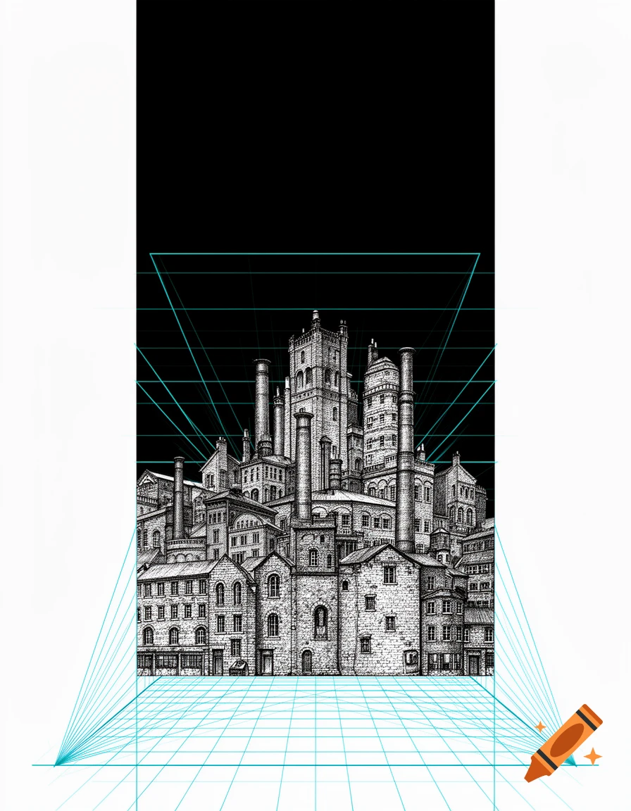 Detailed ink sketch of an old European industrial city with factories and medieval architecture, featuring a two-point perspective grid and cyan lines.