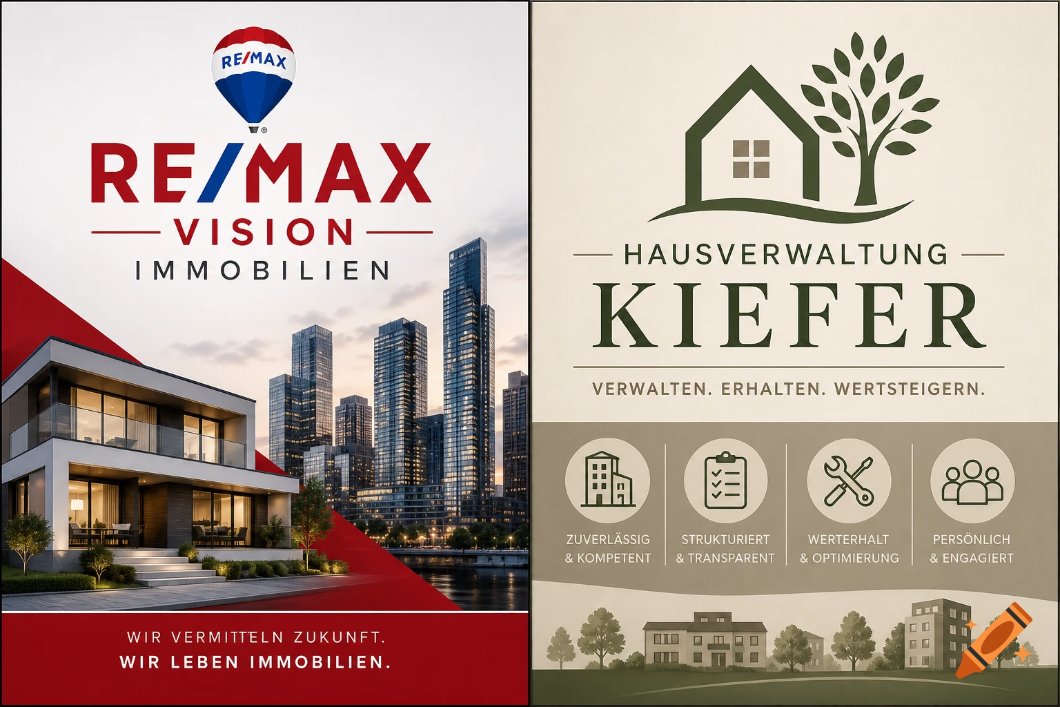 A split firm sign with RE/MAX Vision Immobilien on the left, showing a modern house and cityscape, and Hausverwaltung Kiefer on the right with a house and tree logo, icons, and text.