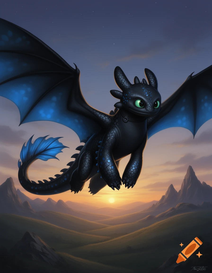 A cute black dragon with green eyes and blue wing tips, ear tips, and back spikes flies over a sunset landscape with rolling hills and mountains.