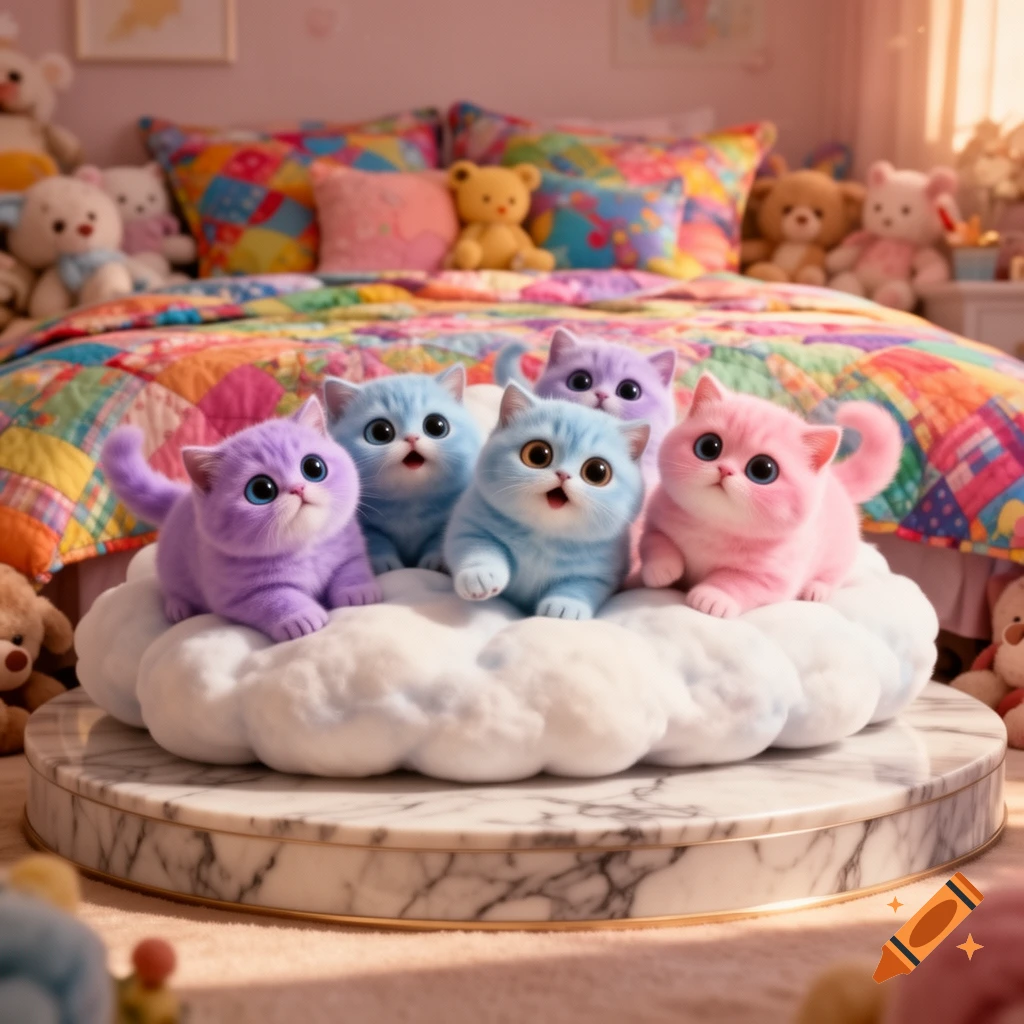 Five colorful, stylized kitten plushies (purple, blue, pink) sit on a cloud in a bright bedroom filled with stuffed animals.