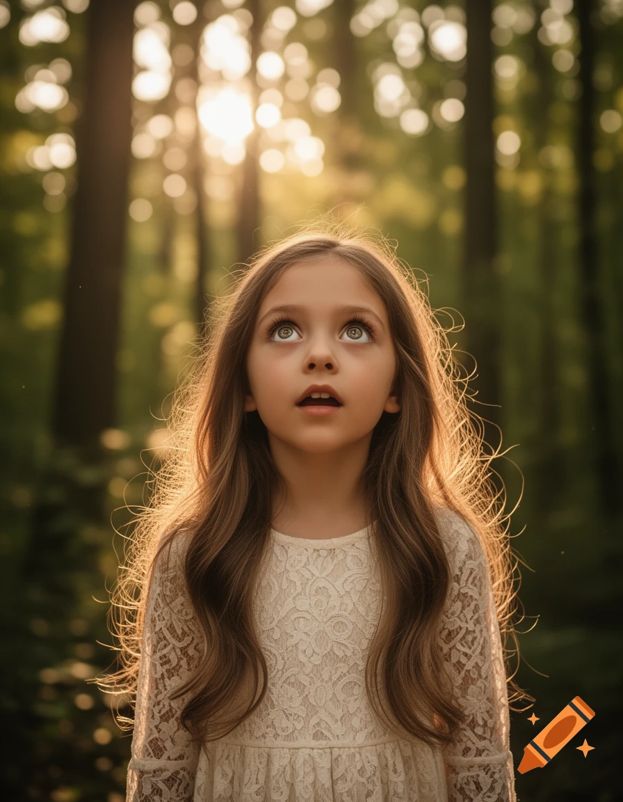 A wide-eyed young girl with long brown hair looks up, bathed in sunlight in a forest.