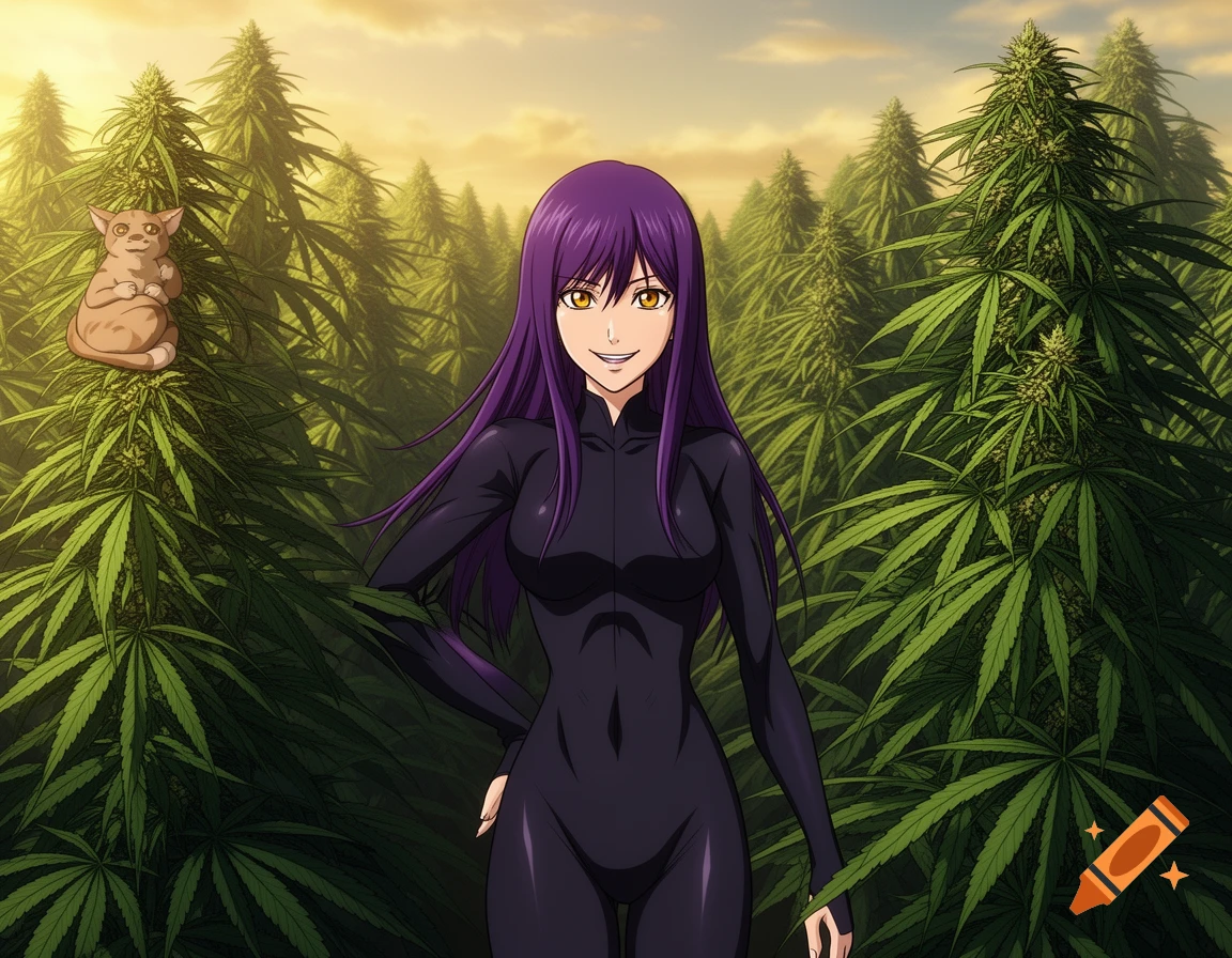 Anime woman with purple hair and cat in a vibrant cannabis field at sunset.