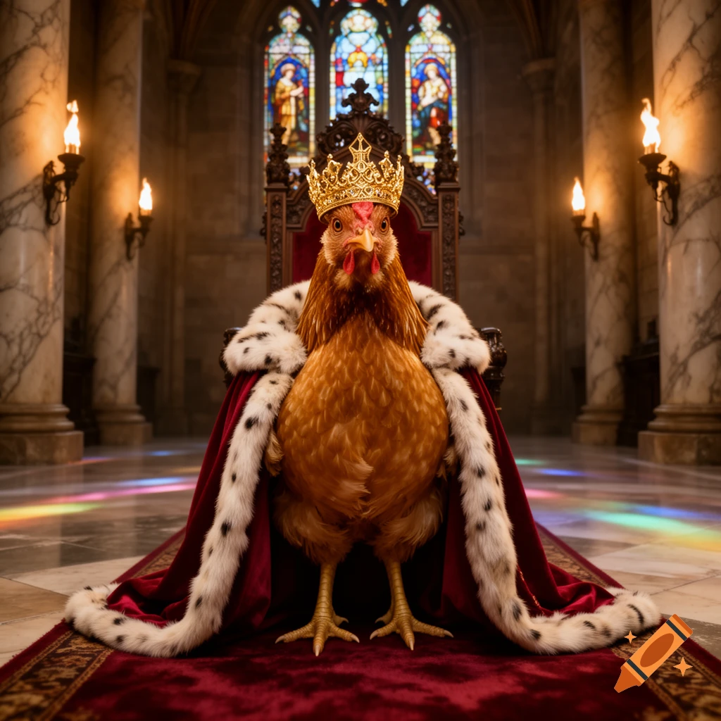 Photorealistic chicken wearing a golden crown and red royal robe in a grand hall with stained glass windows.