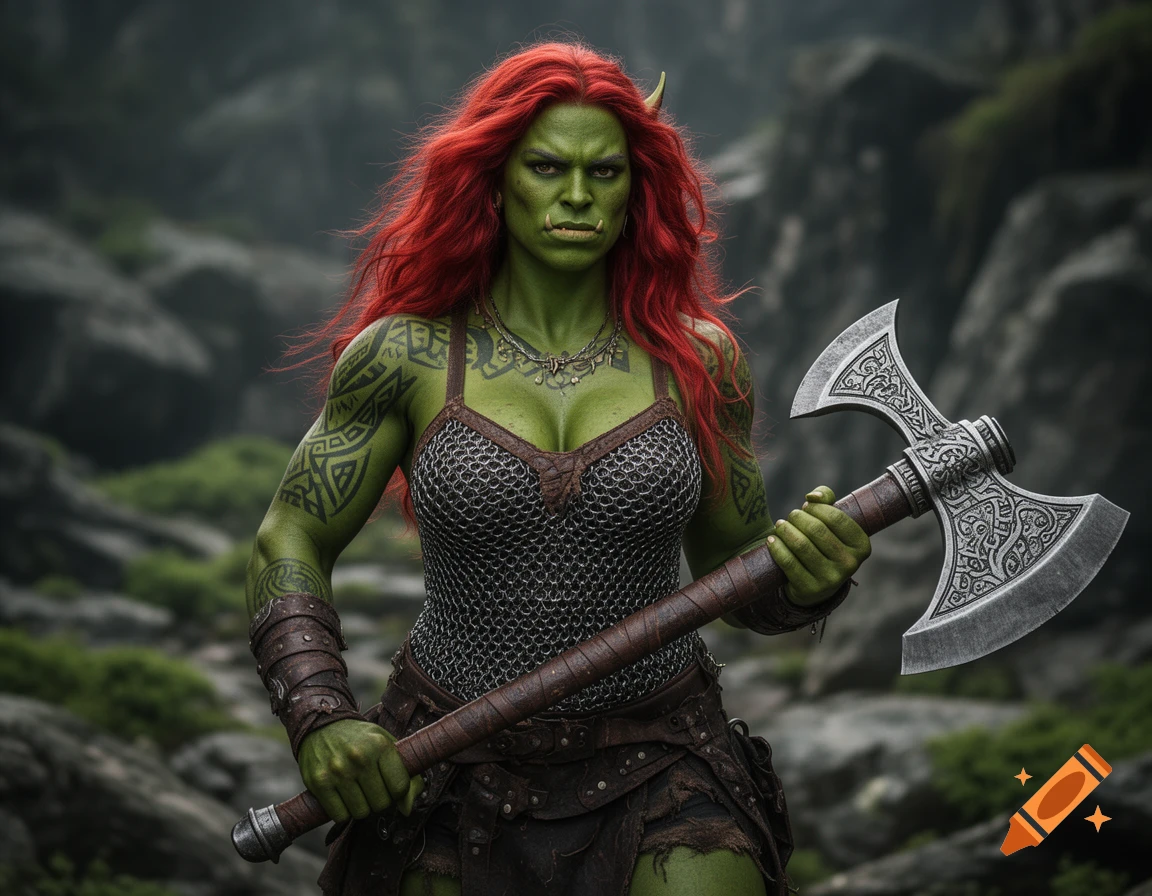 Photorealistic green-skinned orc woman with red hair and tattoos, wearing chainmail, holding a great axe in a misty landscape.