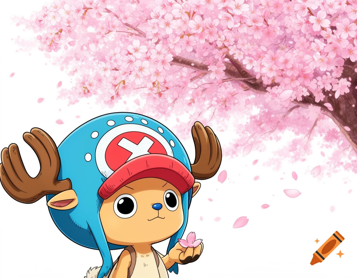 Tony Tony Chopper from One Piece holding a cherry blossom petal under a pink cherry blossom tree.
