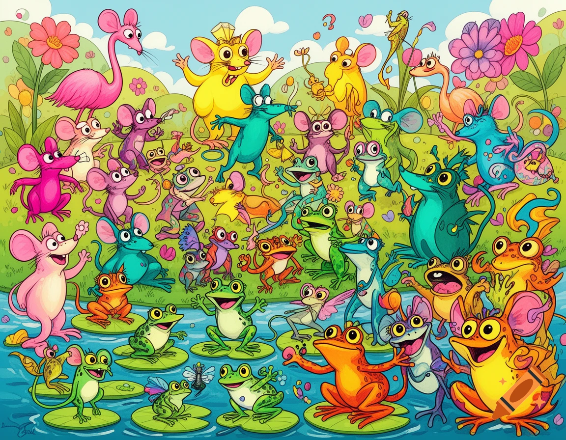 A vibrant, playful cartoon illustration filled with numerous colorful mice and frogs in a lush, green landscape with a pond and flowers.