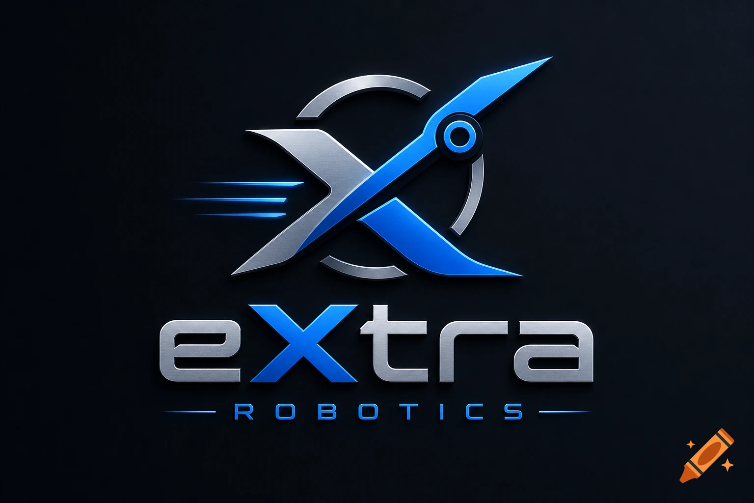 A 3D metallic logo for 'eXtra Robotics' featuring intertwined silver and blue 'X' shapes with speed lines on a dark background.