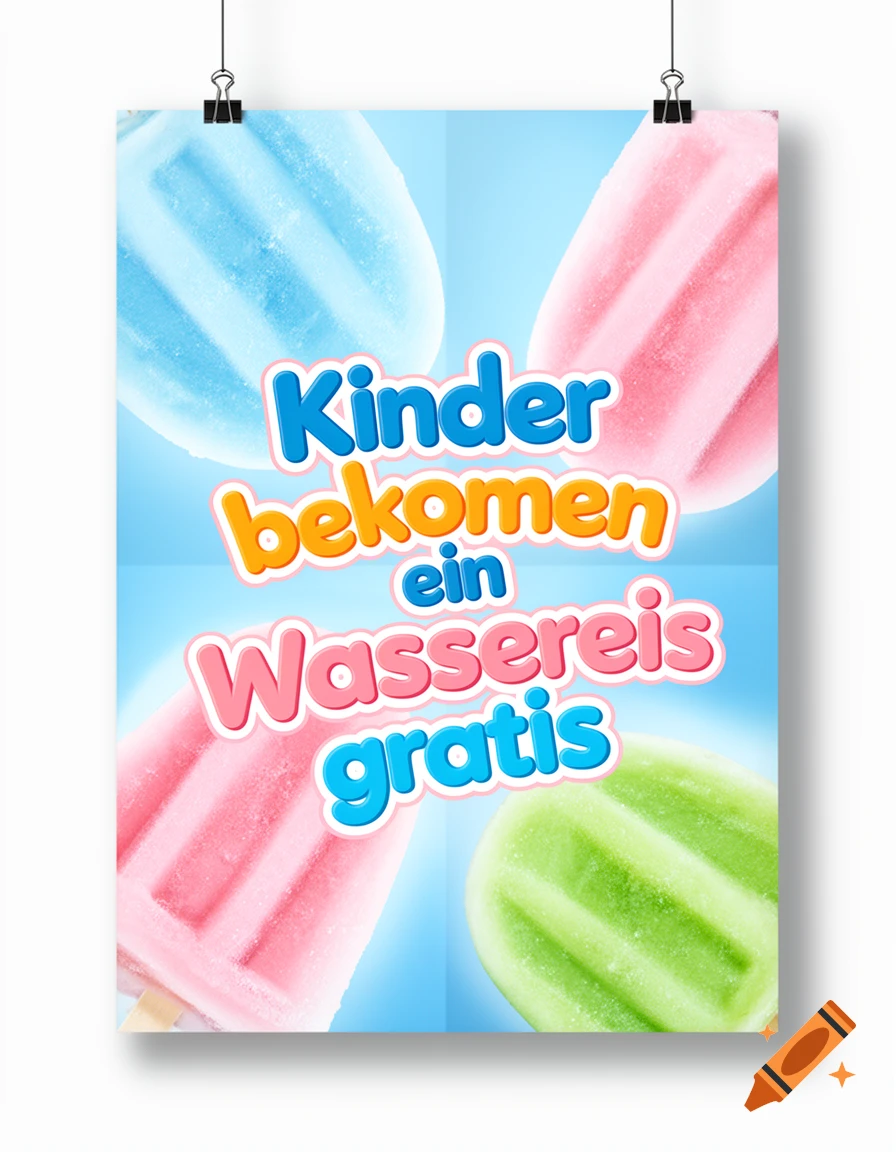 A colorful poster featuring four popsicles (blue, pink, green) and the German text: "Kinder bekommen ein Wassereis gratis".