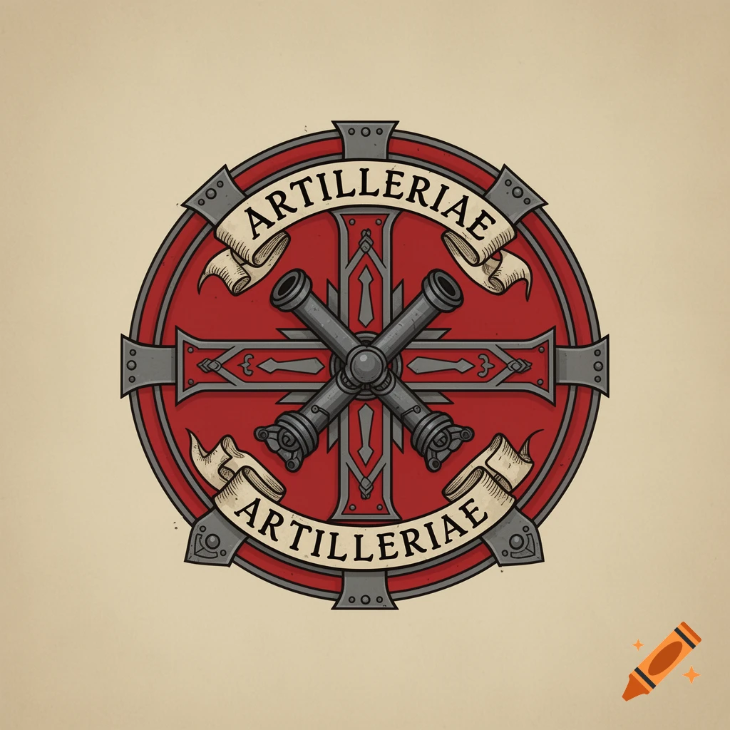 Round medieval-style emblem with crossed cannons on a red cross, and banners inscribed 'ARTILLERIAE'.
