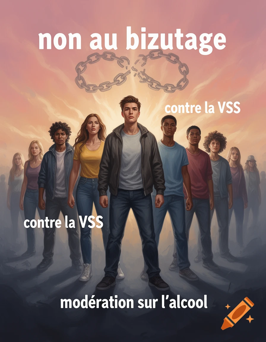 Prevention poster with diverse young adults under broken chains. Text: 'No to hazing', 'Against VSS', 'Alcohol moderation'.