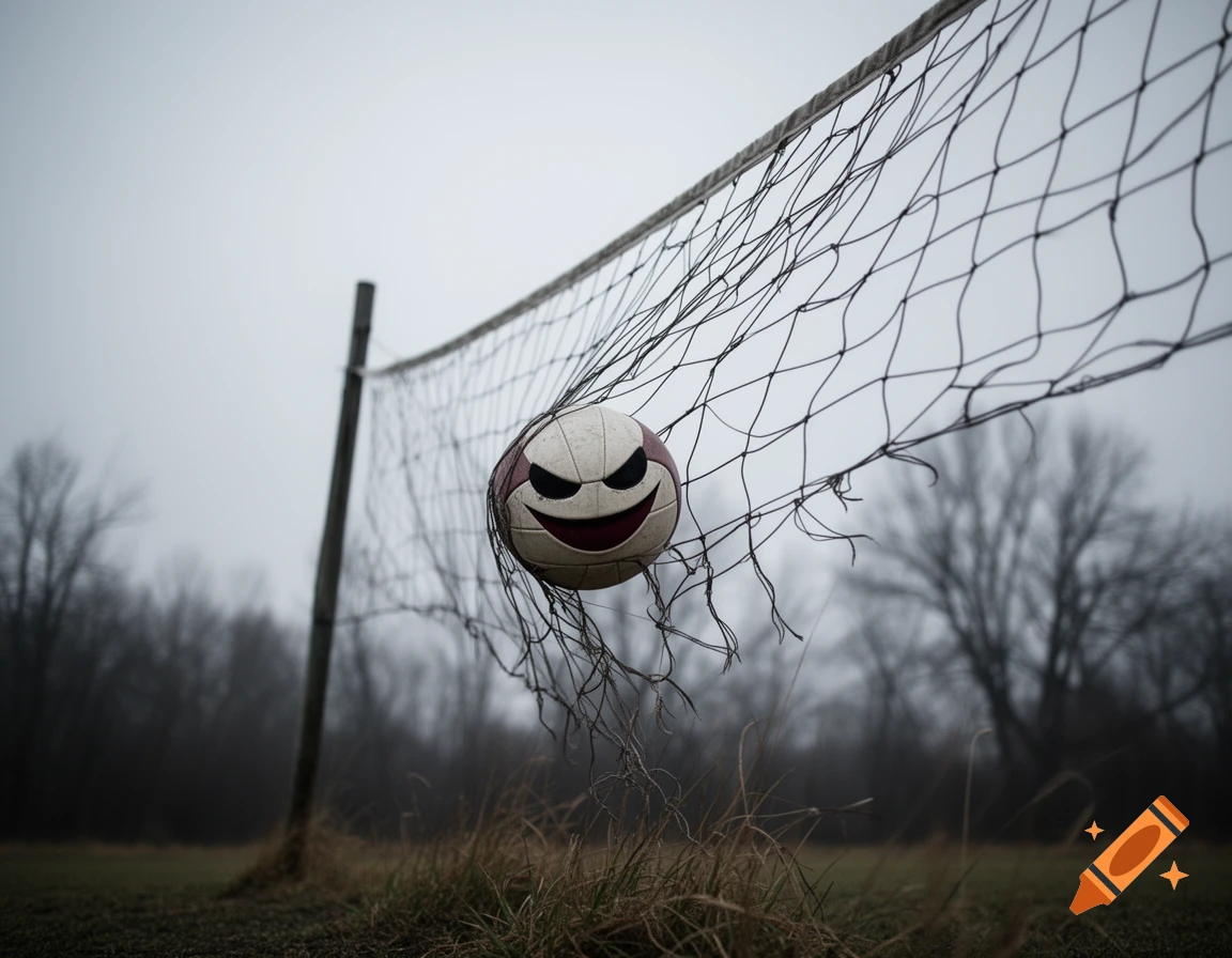 An evil-faced volleyball caught in a torn net on a gloomy, foggy outdoor field with bare trees.