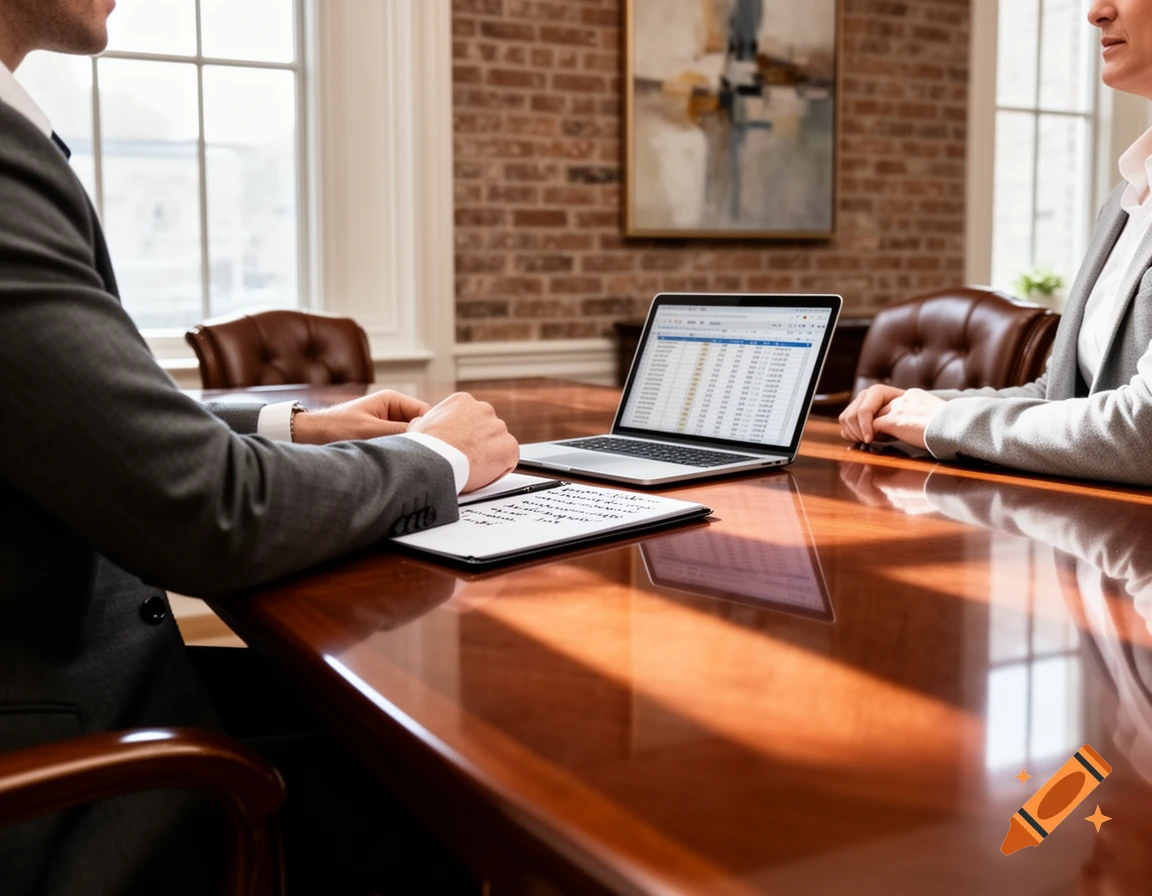 Two professionals in business attire sit at a polished wooden table with a laptop and notepad in a well-lit office.