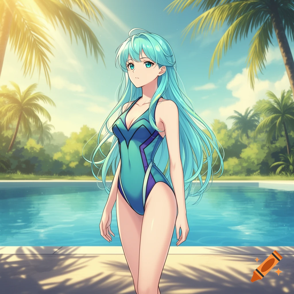 An anime woman with long blue hair and blue eyes stands by a pool, wearing a blue and green swimsuit, with palm trees in the background.