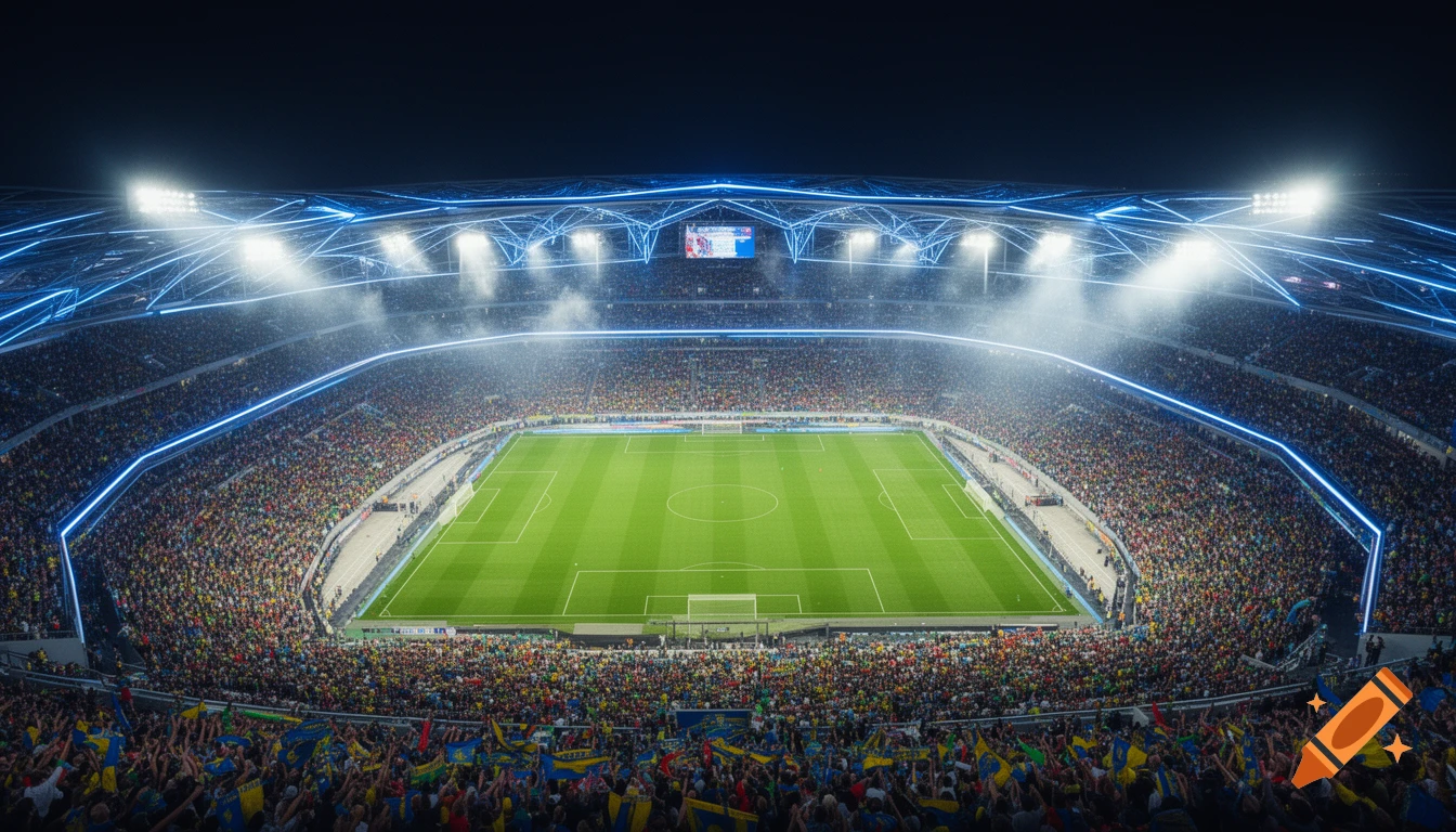 A wide-angle aerial shot of a modern soccer stadium at night with glowing blue lights, a green field, and a packed crowd under bright floodlights.