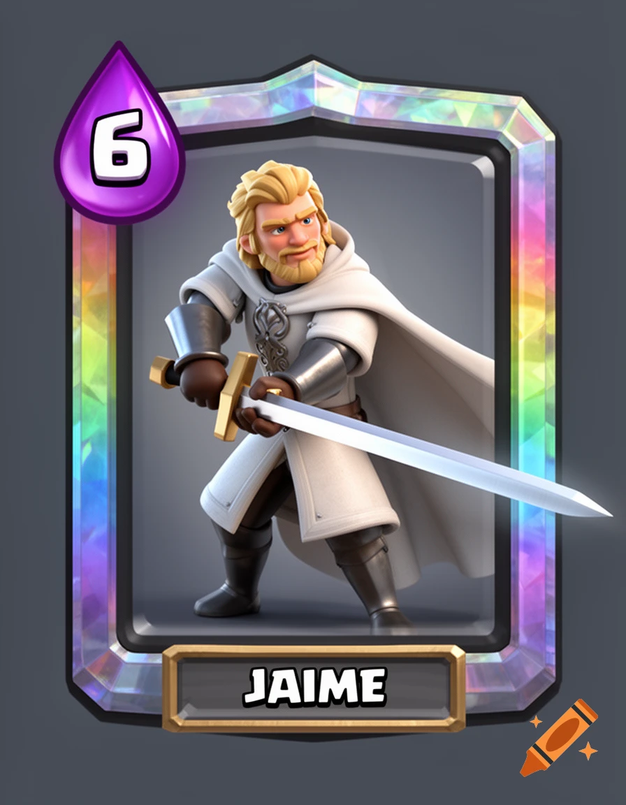 A stylized 3D cartoon game card of a blonde knight named Jaime in a white cloak holding a longsword, with an elixir cost of 6.