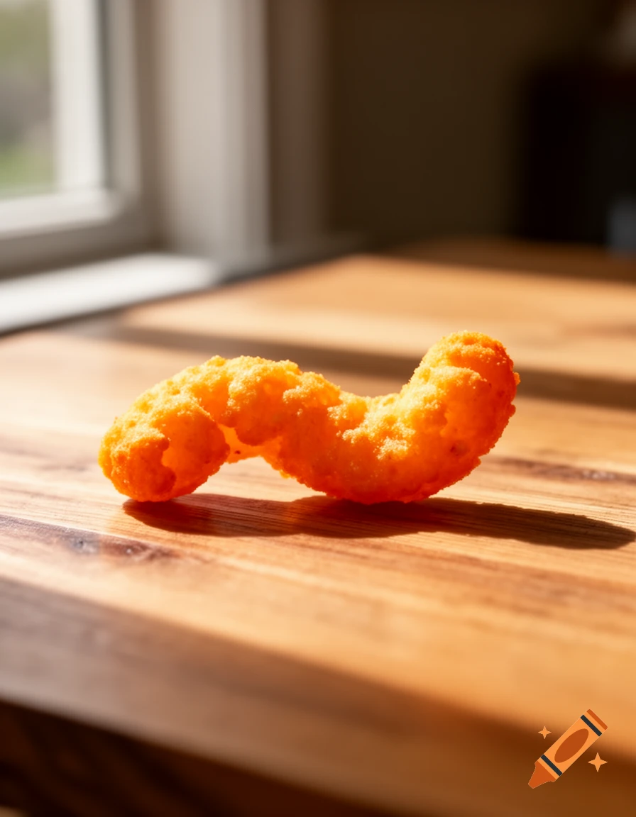 A single, orange Cheeto curl rests on a sunlit wooden cutting board, with a blurred window in the background.