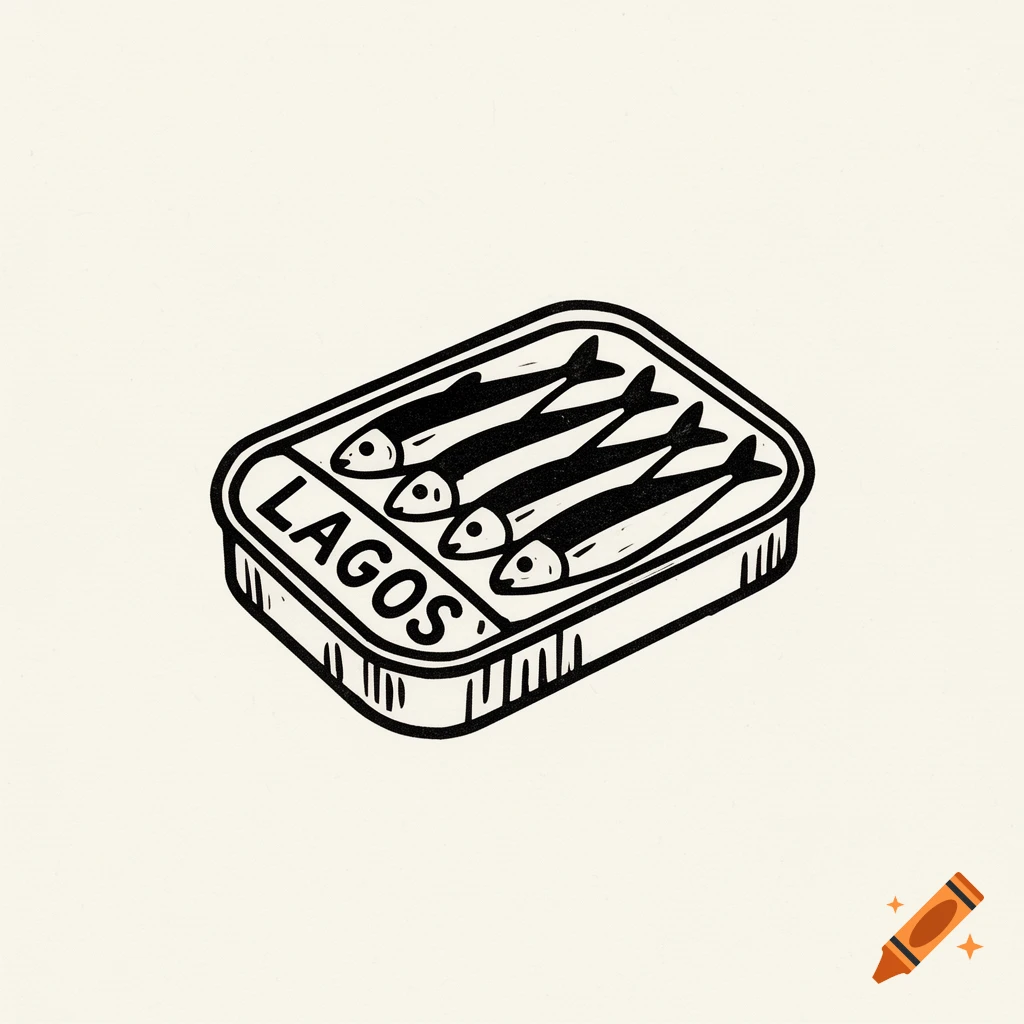 Minimalist linocut illustration of an open tin of sardines with 'LAGOS' text, black ink on off-white background.
