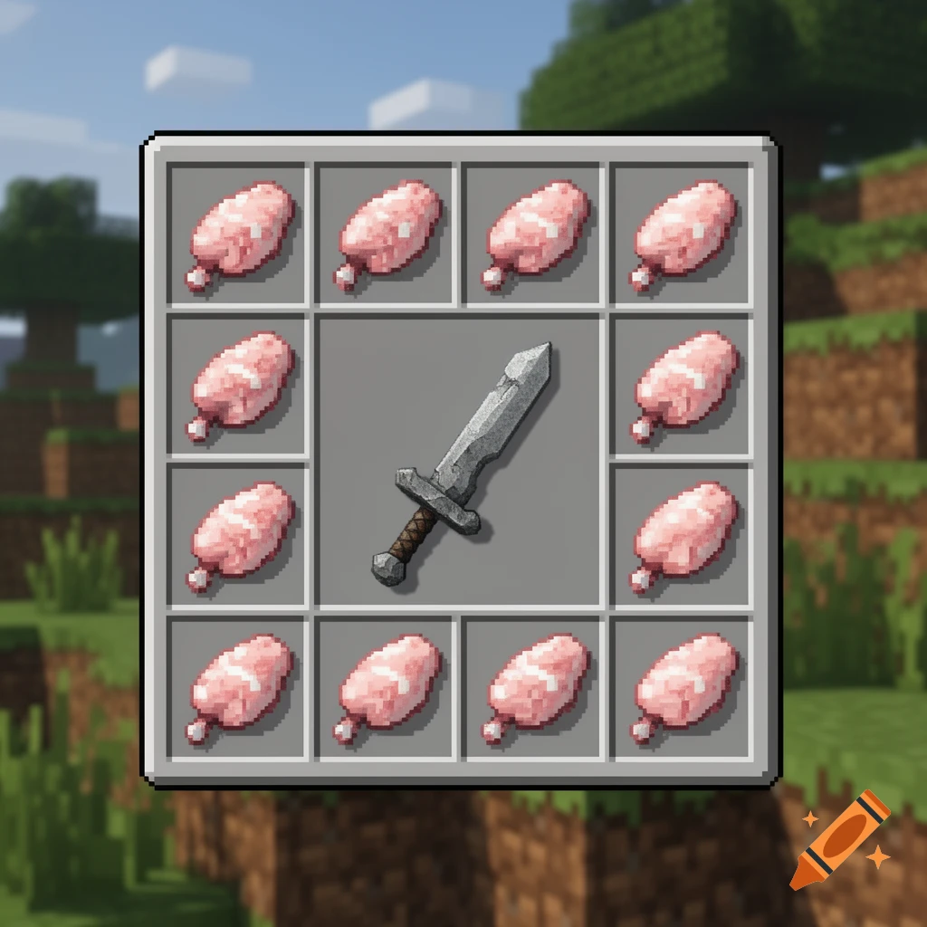 A pixelated Minecraft crafting grid with a stone sword in the middle and raw chicken legs in the surrounding slots.