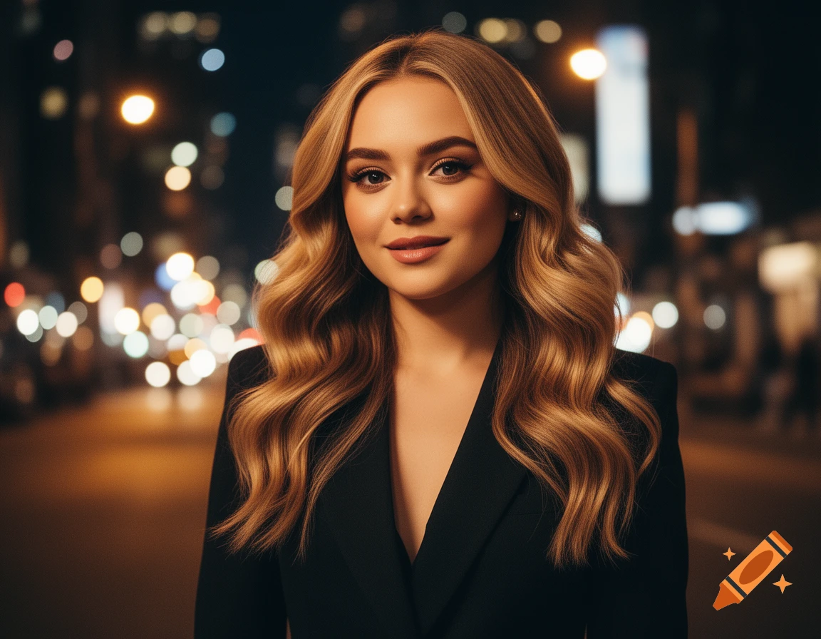 A smiling woman with long blonde wavy hair and a black blazer stands against a blurred city night background with bokeh lights.