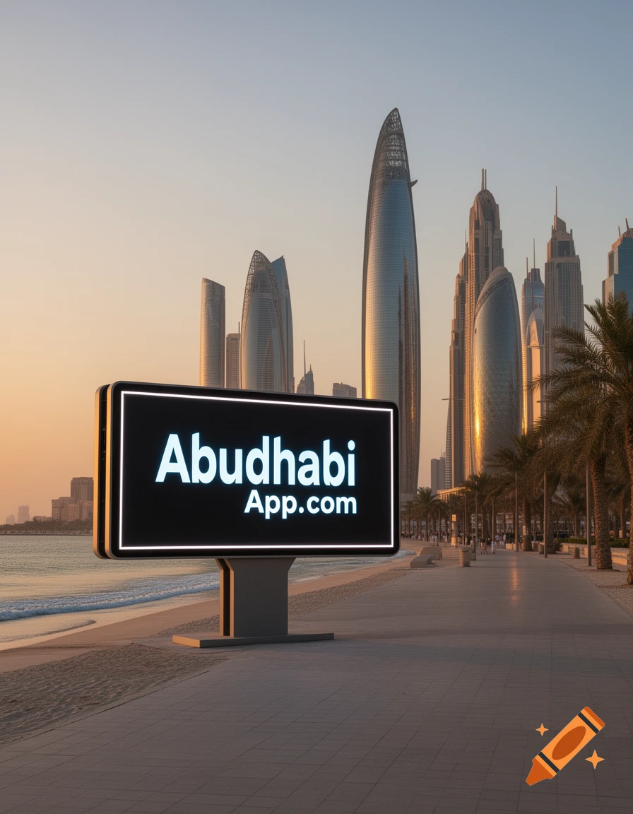 A photorealistic image of a large glowing billboard displaying 'Abudhabi App.com' on a beach boardwalk, with modern skyscrapers and a sunset sky in the background.