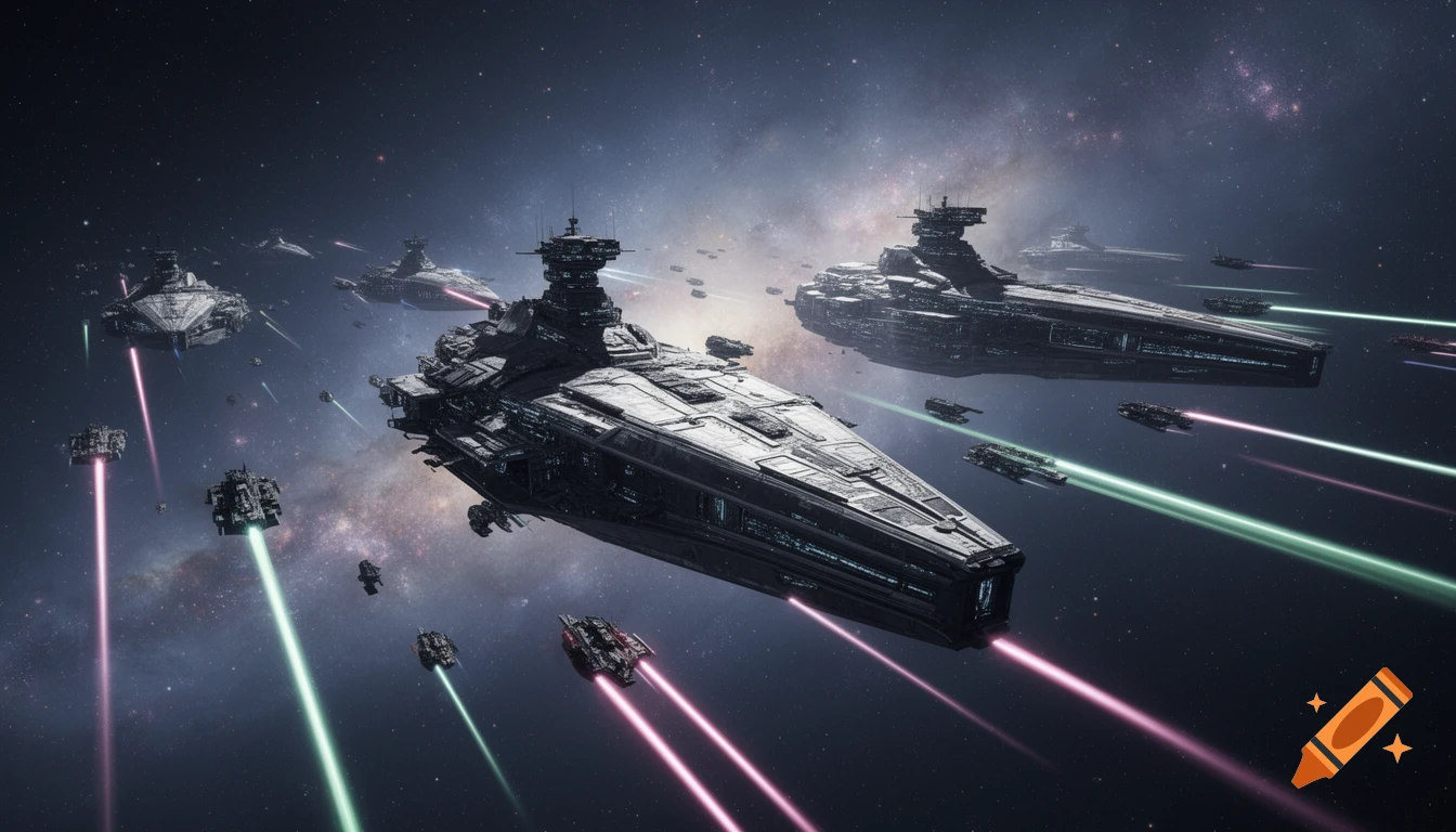 A fleet of large spacecraft, resembling cruisers, engages in a space battle with laser beams firing through a star-filled galaxy.