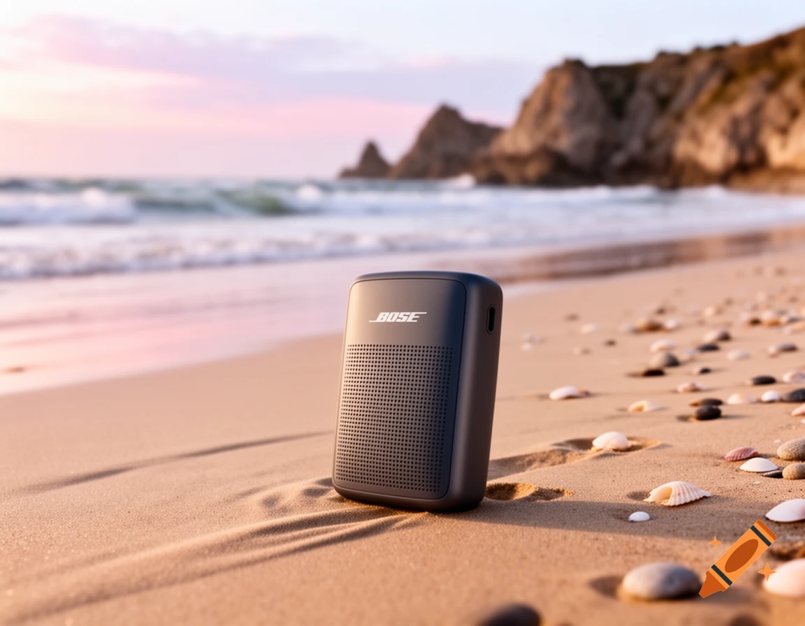 Dark gray Bose speaker rests on a sandy beach with shells, waves, and cliffs in the background at sunset.