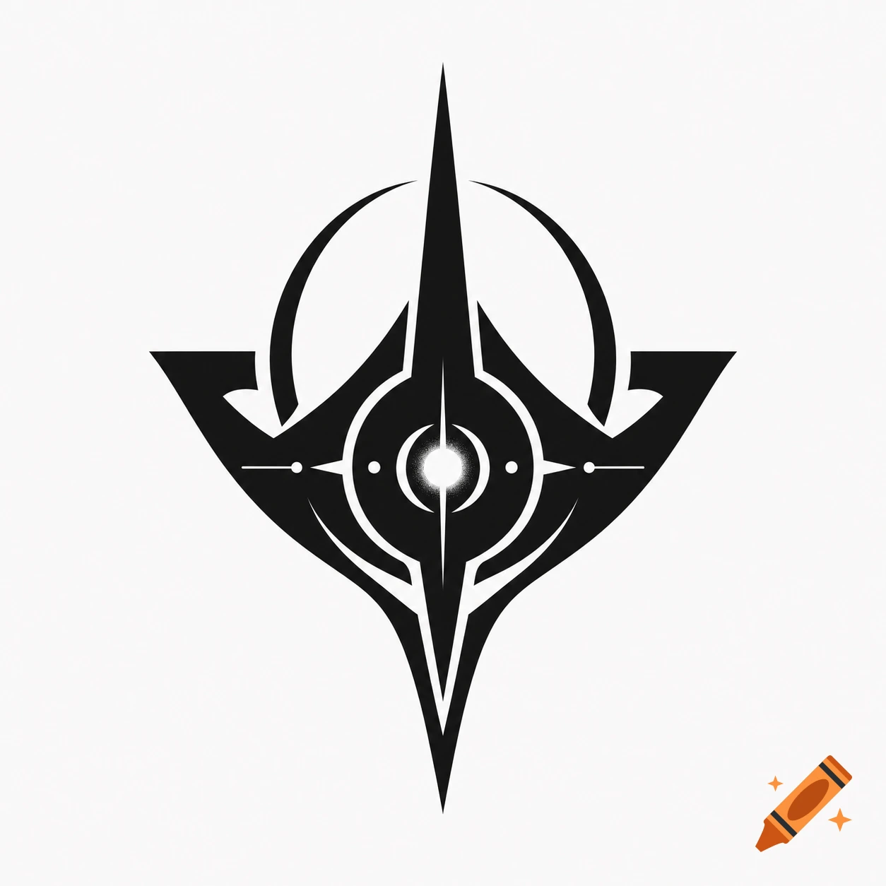 A minimalist black geometric abstract symbol resembling a futuristic compass or star, with a glowing white orb at its center, on a white background.