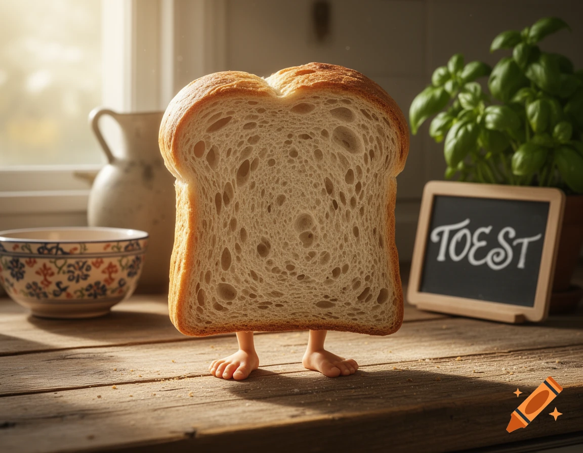 A photorealistic slice of bread with tiny human feet stands on a wooden table, next to a bowl and a blackboard sign reading "TOEST".