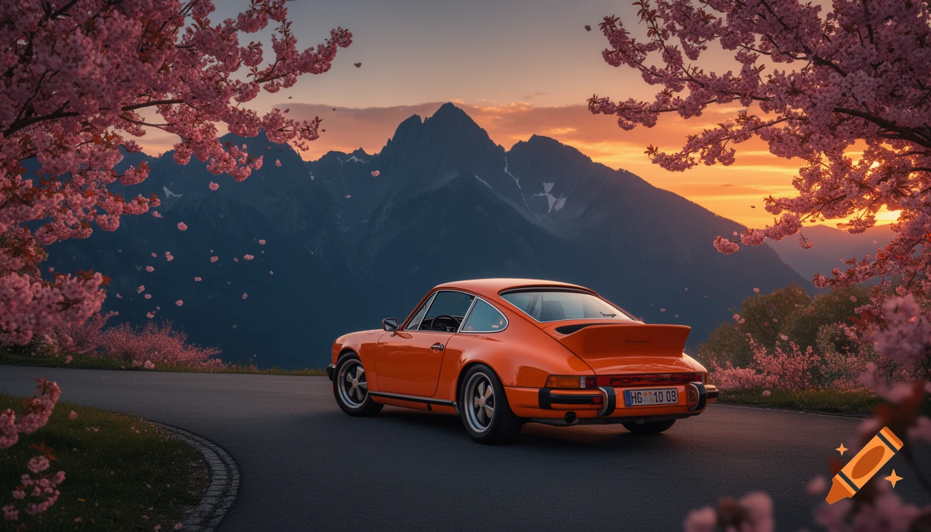 An orange Porsche 911 Singer on a winding road, framed by cherry blossoms, mountains, and a fiery sunset.