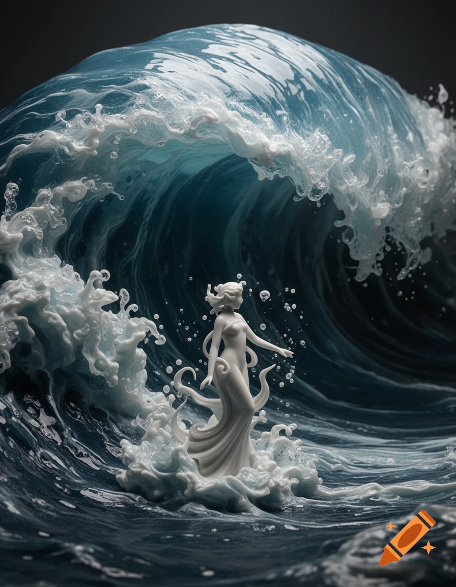 A white marble-like statue of a woman emerging from a large, crashing blue ocean wave.