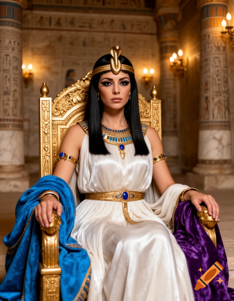 A woman dressed as Cleopatra, with dark hair and elaborate Egyptian jewelry, sits on a golden throne in a detailed ancient Egyptian hall.