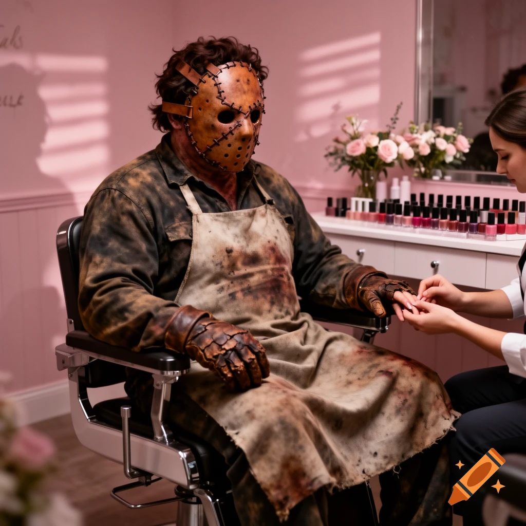 Leatherface from Texas Chainsaw Massacre gets a manicure at a pink-walled salon, wearing his signature mask and blood-stained apron and gloves.