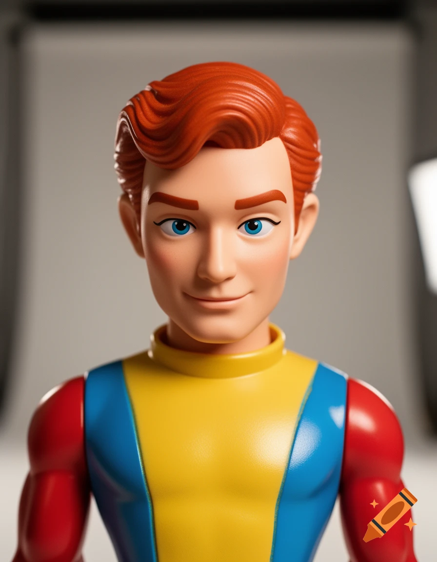 Close-up of a smiling male action figure with red hair, blue eyes, and a yellow, blue, and red suit.