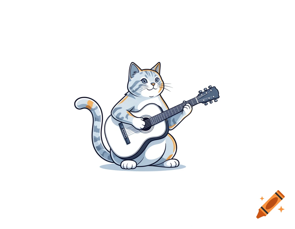 Vector art of a happy tabby cat sitting and playing an acoustic guitar.