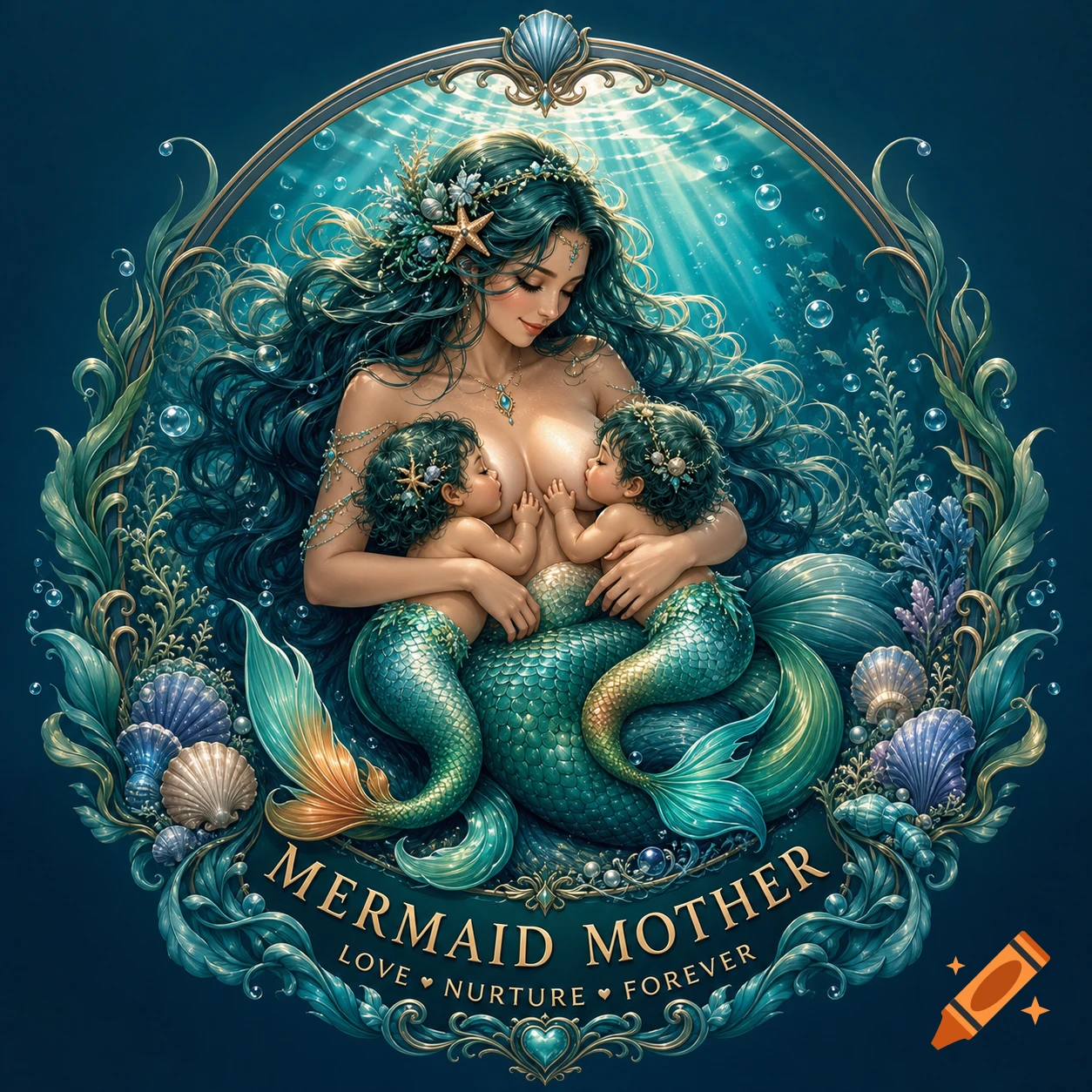 A fantasy illustration of a mermaid mother breastfeeding two baby mermaids, framed by underwater plants and shells.