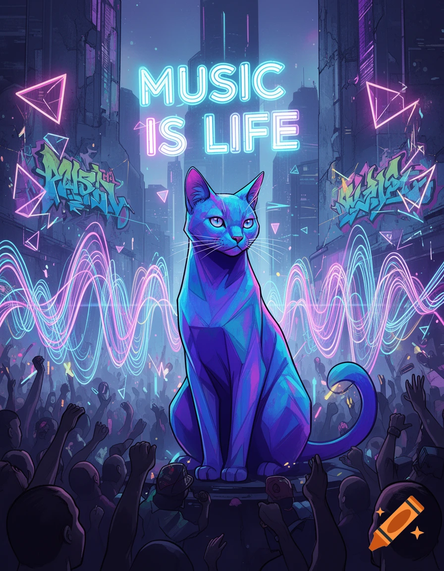 A geometric blue and purple cat on stage with a neon "MUSIC IS LIFE" sign, glowing sound waves, and a cheering crowd in a futuristic city.