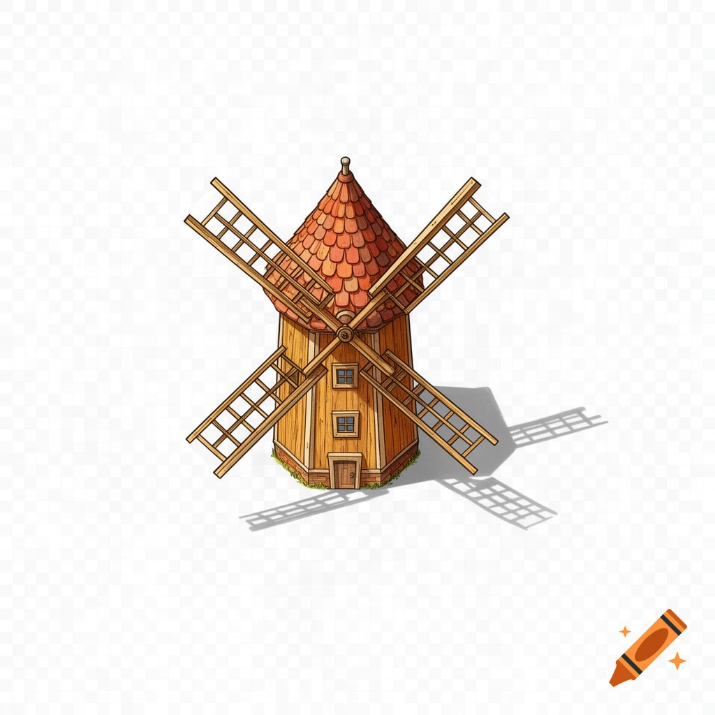 A cartoon-style windmill with an orange tiled roof and wooden body, seen from a high angle, casting shadows on a transparent background.