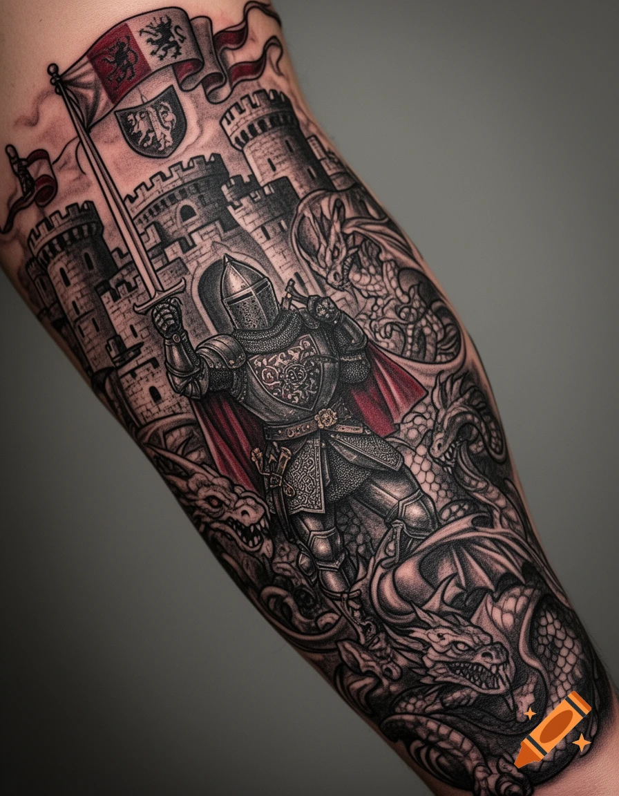A detailed medieval fantasy tattoo sleeve featuring a knight in armor, a castle, and multiple dragons.