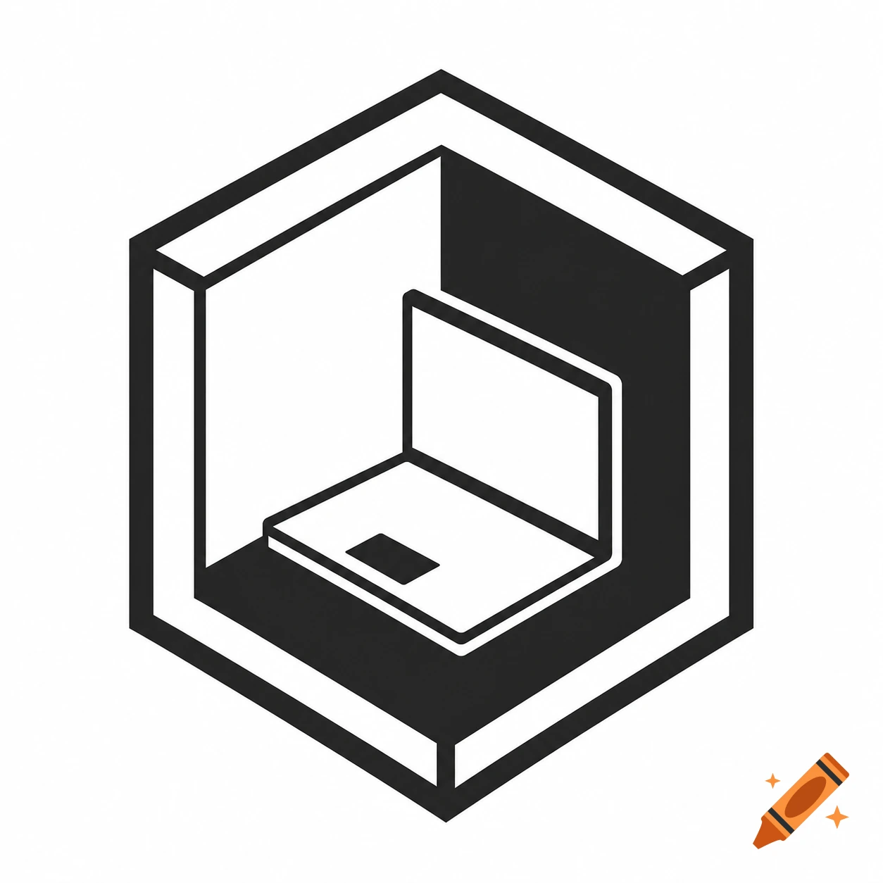 Monochrome logo of a laptop inside an open 3D cube, featuring parallel lines and contrasting fill areas.