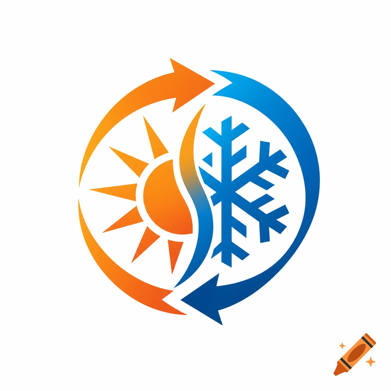 A circular logo showing a gradient orange sun on the left and a gradient blue snowflake on the right, encircled by two arrows representing hot and cold air flow for HVAC.