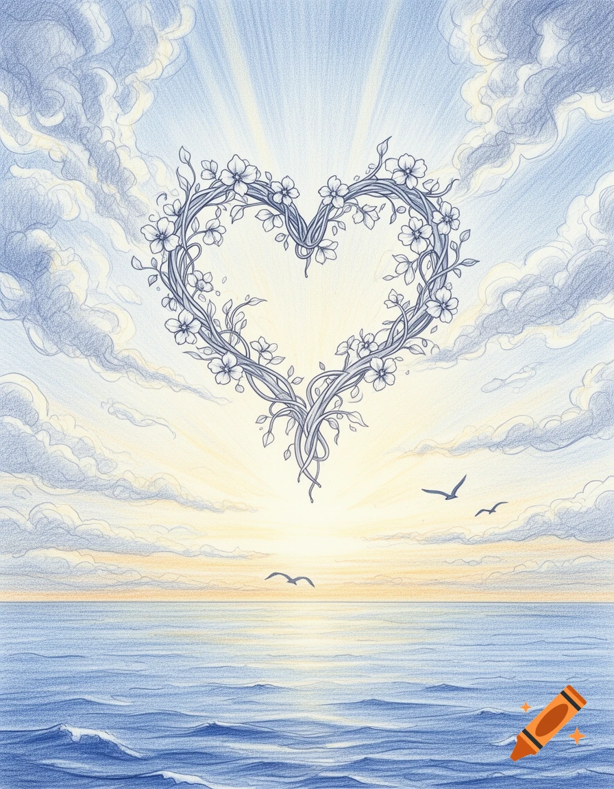 Colored pencil sketch of a floral heart floating above a tranquil ocean at sunset with birds flying in the sky.