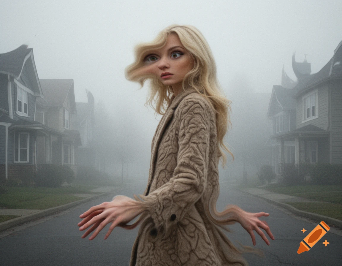 A distorted blonde woman with a melting face and elongated, multi-fingered hands stands on a foggy suburban street, in an early AI art style.