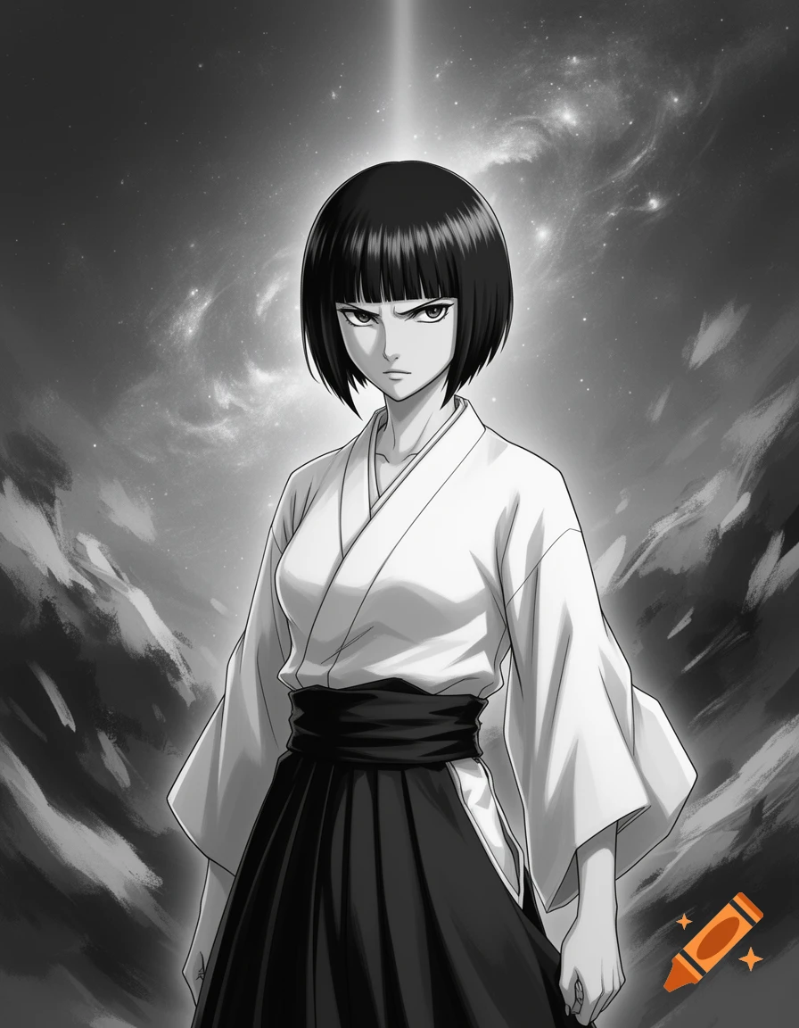 An anime woman with short black hair, wearing traditional Shinigami clothes, stands in a grayscale starry sky.