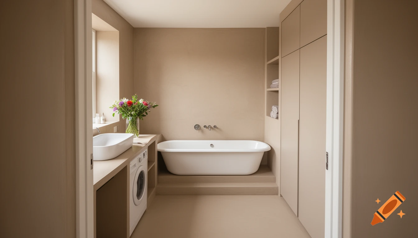 Modern bathroom with a freestanding bathtub, vessel sink, and washing machine, featuring warm beige walls and built-in storage.