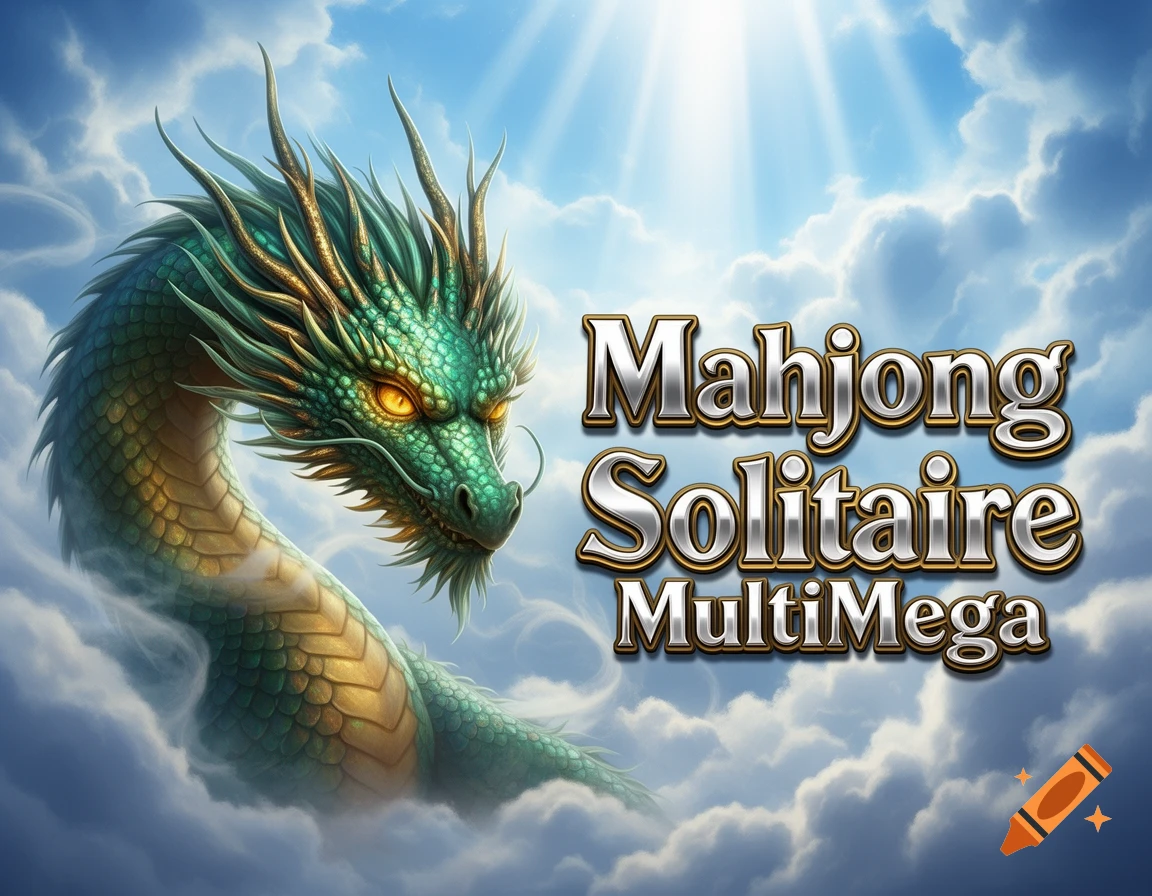 A majestic green and gold dragon emerges from clouds in a blue sky with sun rays, next to the text 'Mahjong Solitaire MultiMega'.