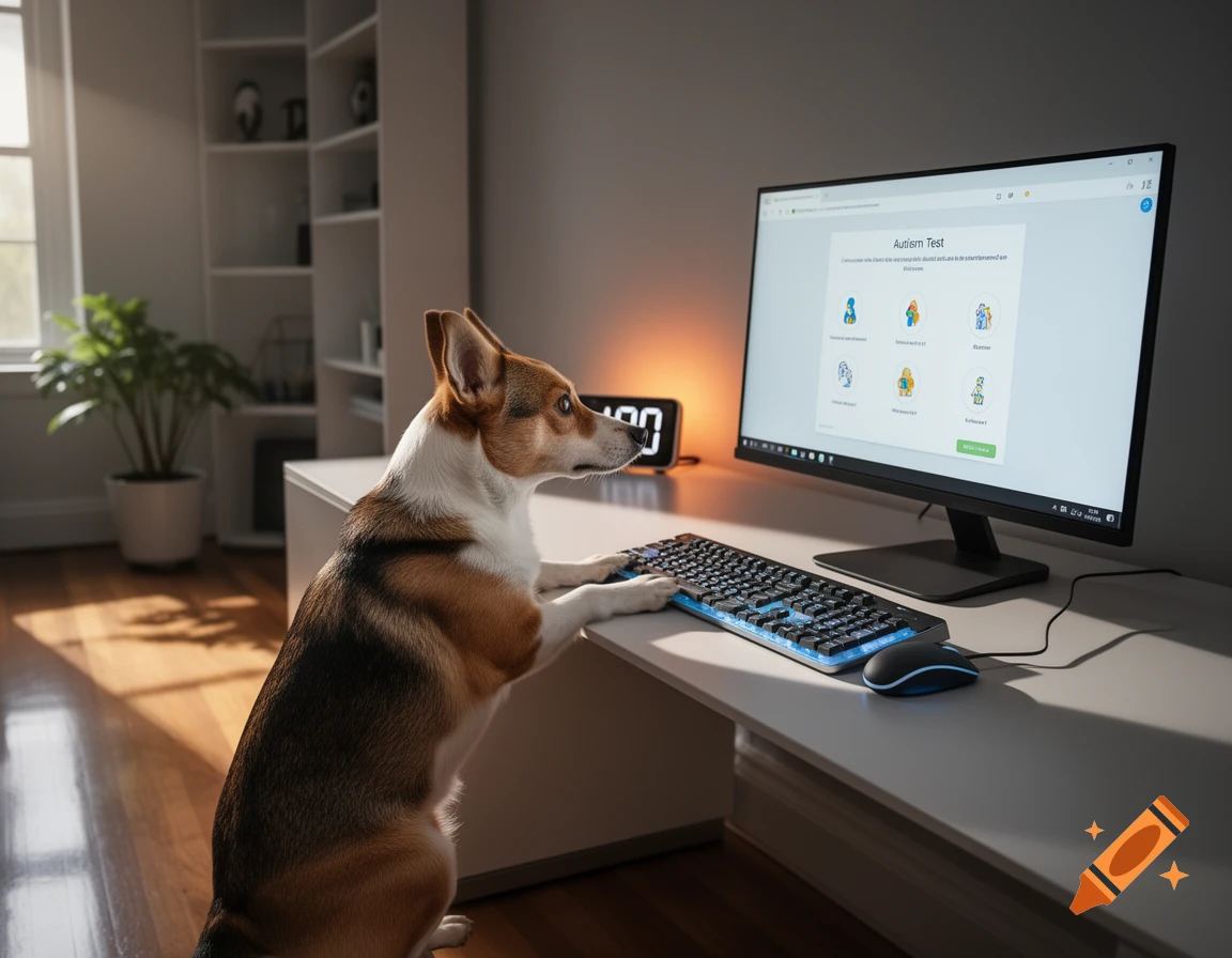 A corgi dog stands on its hind legs at a desk, looking intently at a computer monitor displaying an "Autism Test" page, with its paws on a glowing keyboard.