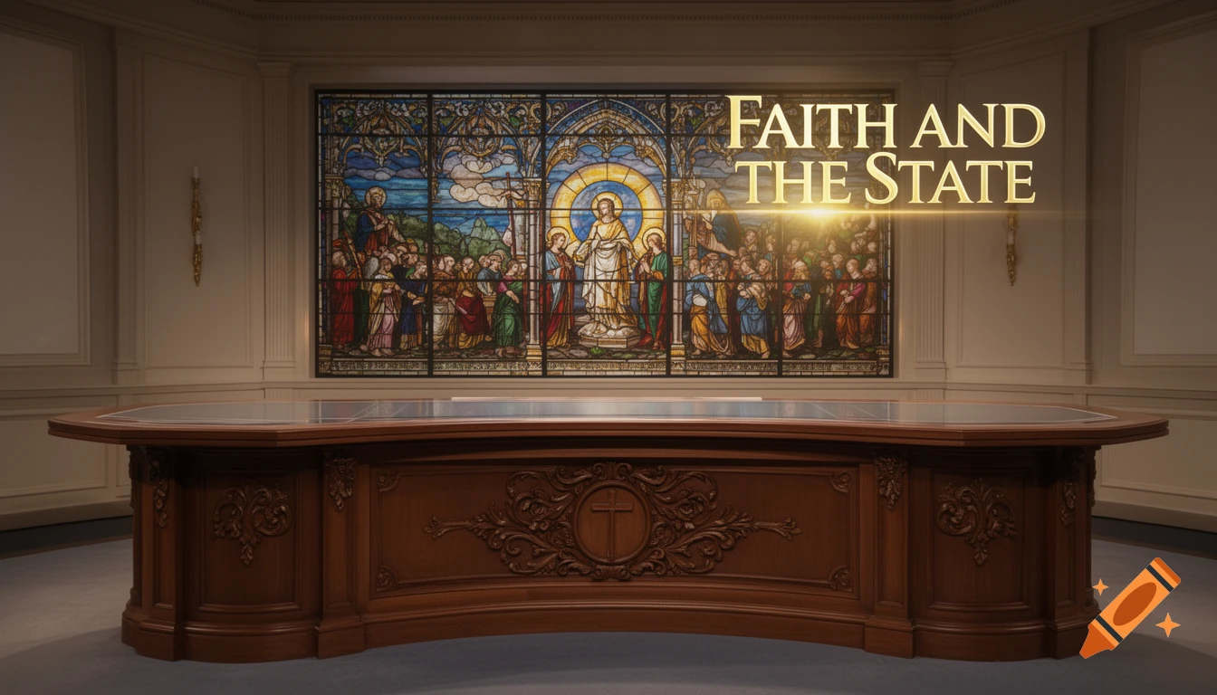 A formal news studio interior with a large wooden desk, a stained glass window of biblical figures, and 'FAITH AND THE STATE' text.