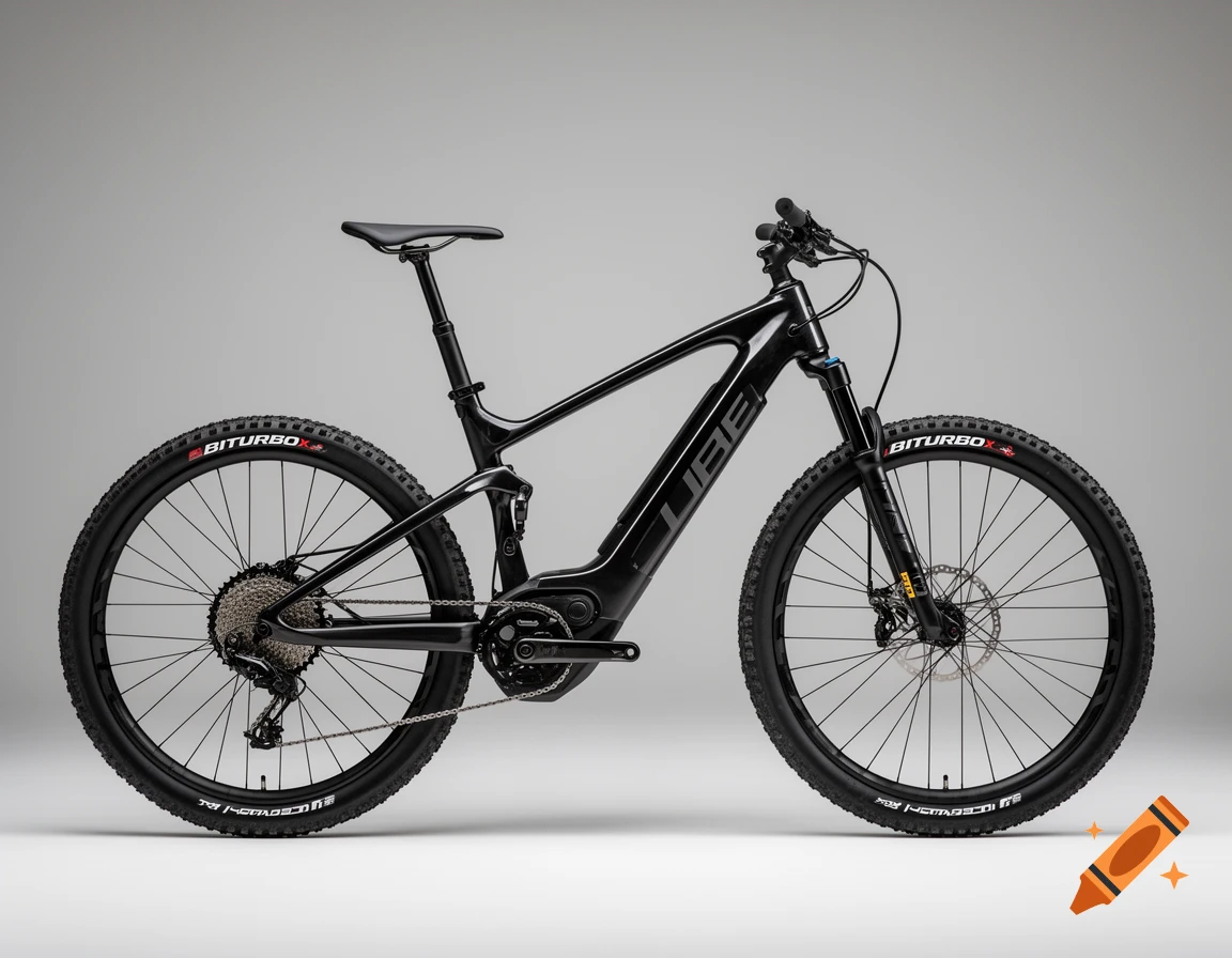 A sleek black Cube electric mountain bike with black carbon rims and "BITURBO X" tires, photographed in a clean studio setting.
