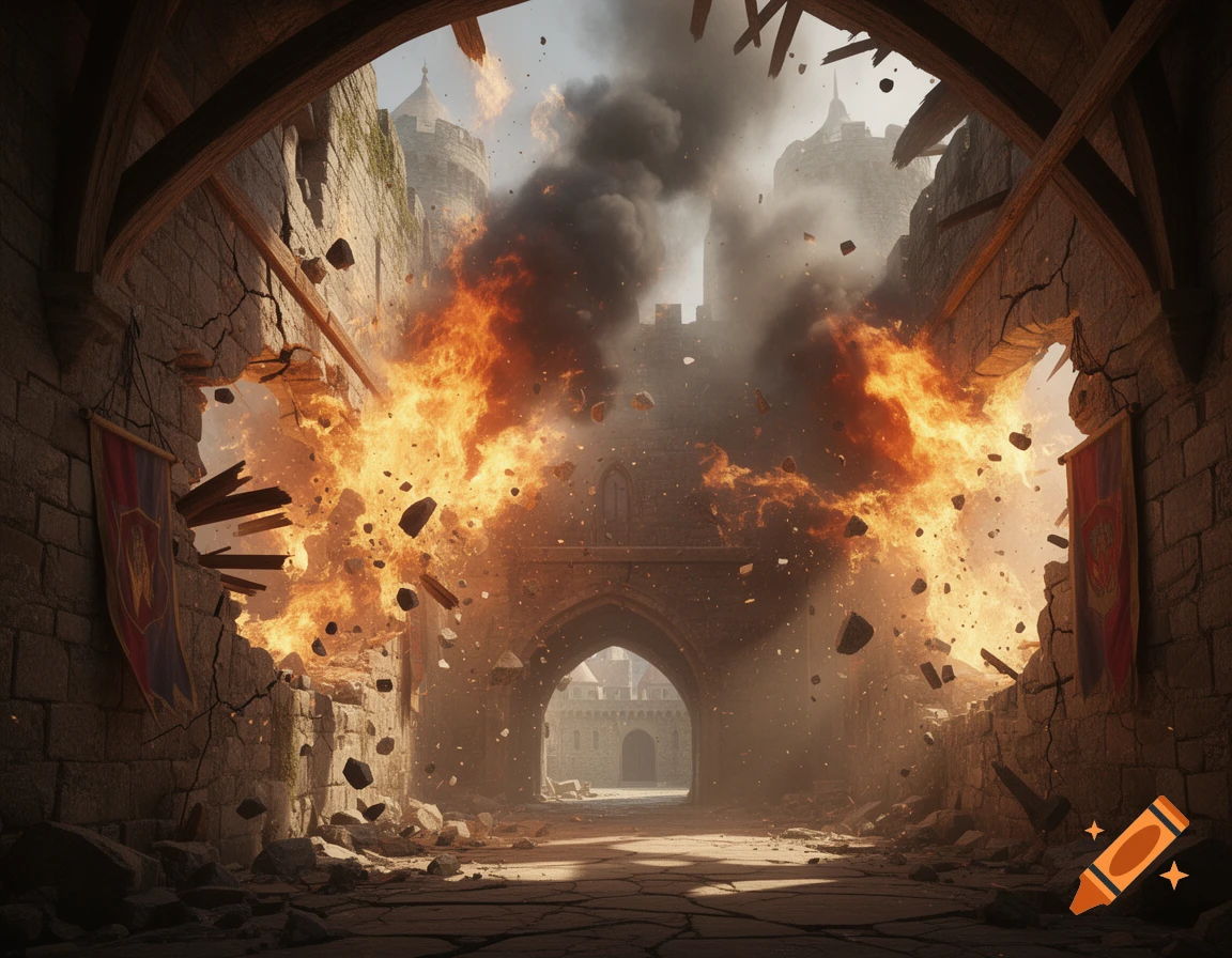 A dark, arched castle courtyard with a massive fiery explosion erupting from the inner archway, sending debris flying and smoke billowing into the sky.