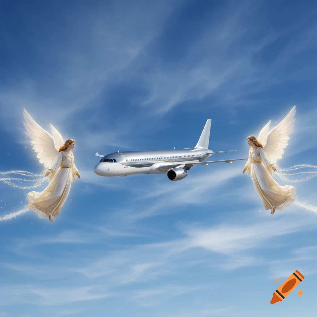 Two angels with white wings fly beside a silver airplane in a bright blue sky with wispy clouds, appearing photorealistic.